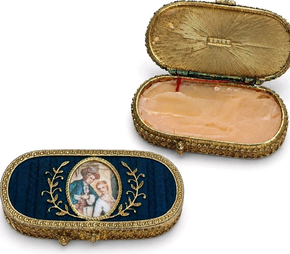 Estee Lauder Blue Enamel Gold Tone Oval Glace Solid Perfume Trinket Box Ornate